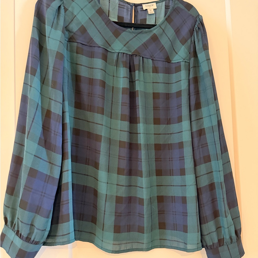 J. Crew Teal and Navy Plaid Long-Sleeve Blouse